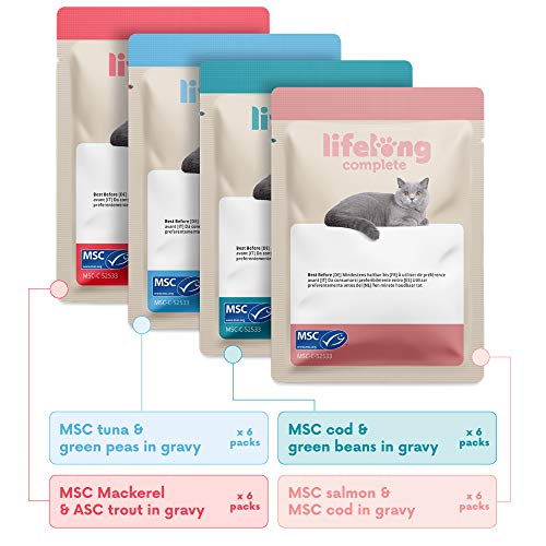 Marca Amazon - Lifelong Alimento completo para gatos adultos - Collección Mar (24 x 85gr)
