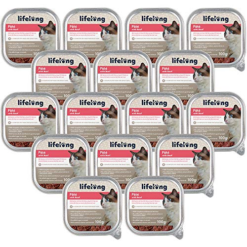 Marca Amazon - Lifelong Cat Food - Paté con vacuno, Paquete de 16 x 100g