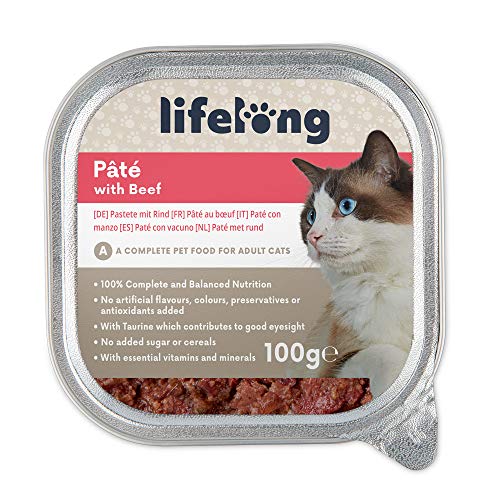 Marca Amazon - Lifelong Cat Food - Paté con vacuno, Paquete de 16 x 100g