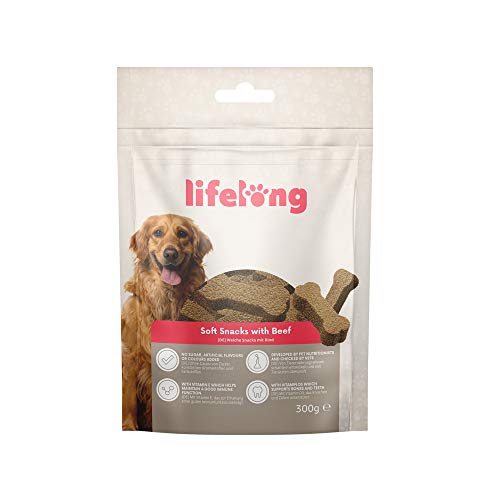 Marca Amazon - Lifelong - Treats para perros, ricos en proteínas, con vacuno (4 packs x 300gr)