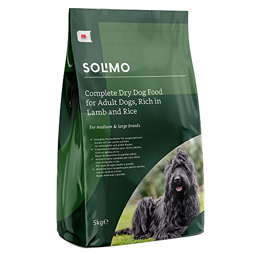 Marca Amazon - Solimo - Alimento seco completo para perro adulto rico en cordero y arroz, 1 Pack de 5 kg