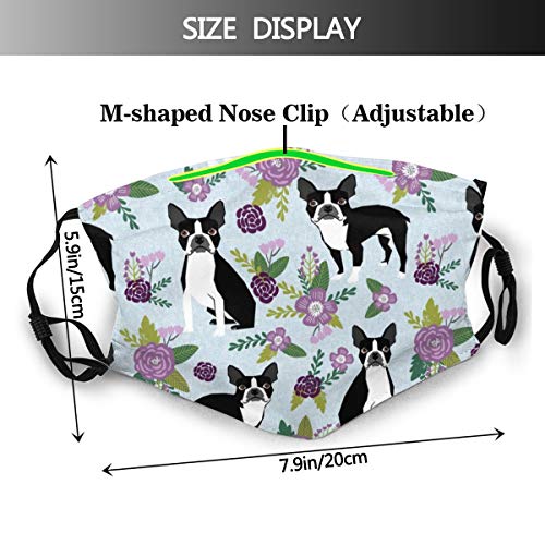 Máscara de tela reutilizable azul reutilizable unisex para mascotas Boston Terrier Floral Pet Dog Floral Floral Máscara de tela protectora transpirable Pasamontañas para compras al aire libre