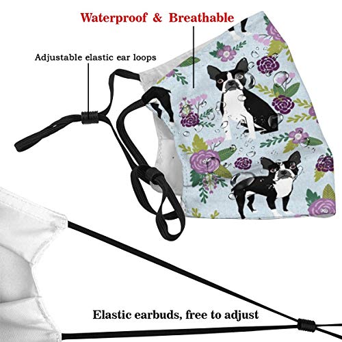 Máscara de tela reutilizable azul reutilizable unisex para mascotas Boston Terrier Floral Pet Dog Floral Floral Máscara de tela protectora transpirable Pasamontañas para compras al aire libre