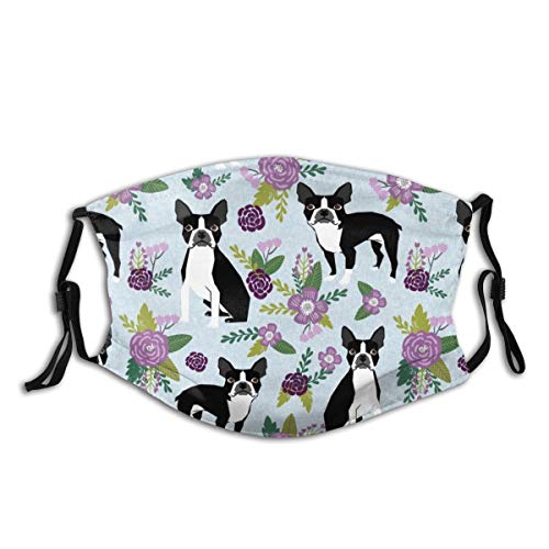 Máscara de tela reutilizable azul reutilizable unisex para mascotas Boston Terrier Floral Pet Dog Floral Floral Máscara de tela protectora transpirable Pasamontañas para compras al aire libre