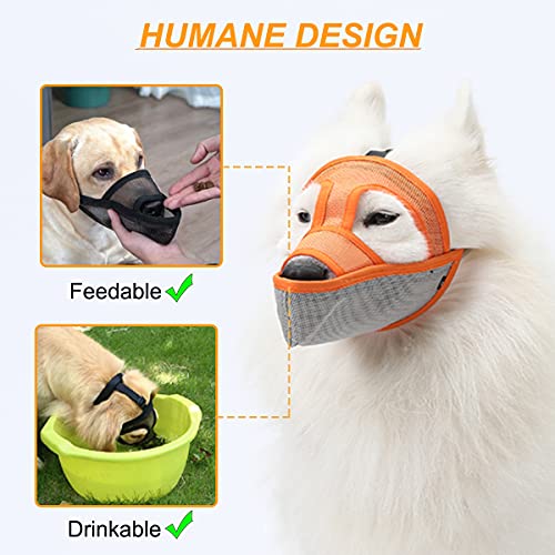 Mayerzon Bozal de malla transpirable para morder, lamer heridas y masticar no deseados, 6 tamaños para perros pequeños, medianos y grandes, capaz de beber y alimentar (L, naranja-gris)