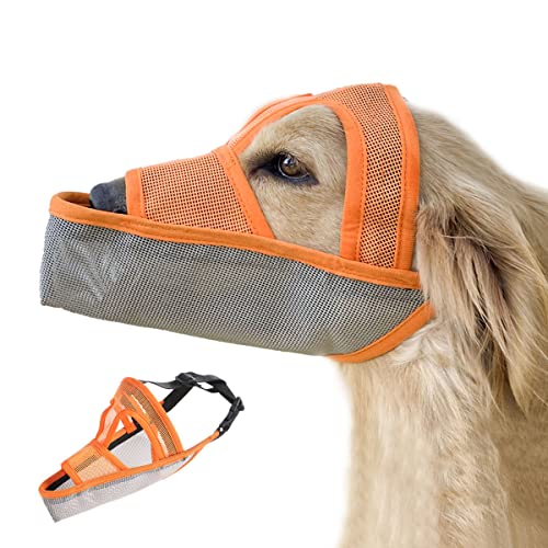 Mayerzon Bozal de malla transpirable para morder, lamer heridas y masticar no deseados, 6 tamaños para perros pequeños, medianos y grandes, capaz de beber y alimentar (L, naranja-gris)