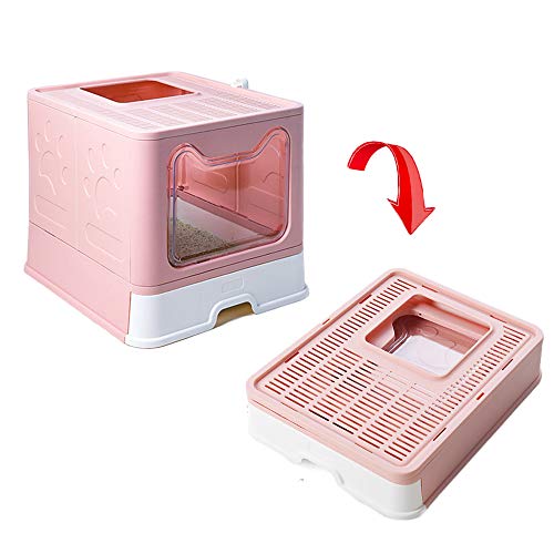 Meipire - Caja de arena plegable para gatos, entrada frontal (con panel de puerta) y salida superior, súper grande, espacio para gatos con bandejas extraíbles+cucharadas de basura (rosa)