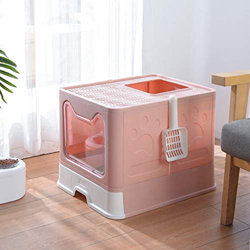 Meipire - Caja de arena plegable para gatos, entrada frontal (con panel de puerta) y salida superior, súper grande, espacio para gatos con bandejas extraíbles+cucharadas de basura (rosa)