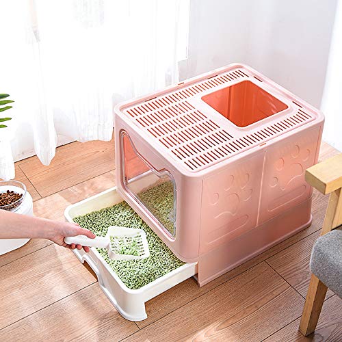 Meipire - Caja de arena plegable para gatos, entrada frontal (con panel de puerta) y salida superior, súper grande, espacio para gatos con bandejas extraíbles+cucharadas de basura (rosa)