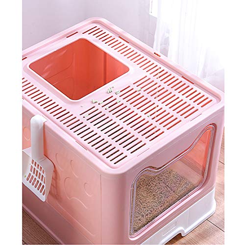 Meipire - Caja de arena plegable para gatos, entrada frontal (con panel de puerta) y salida superior, súper grande, espacio para gatos con bandejas extraíbles+cucharadas de basura (rosa)