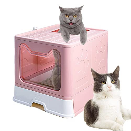 Meipire - Caja de arena plegable para gatos, entrada frontal (con panel de puerta) y salida superior, súper grande, espacio para gatos con bandejas extraíbles+cucharadas de basura (rosa)