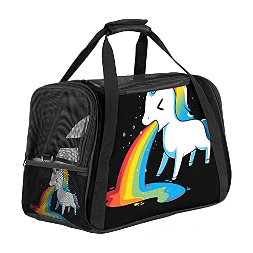MEITD Portagatos, transportador de viaje para gatos, para perros, cachorro, cómodo, portátil, plegable, bolsa para mascotas, aprobada por aerolínea, unicornio, escupir arco iris