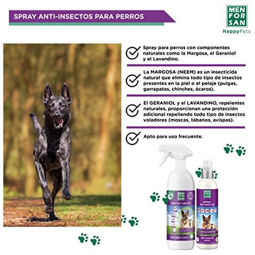 MENFORSAN Spray Anti-Insectos Perros 750ml, 3 Activos Naturales Margosa, Geraniol y Lavandino