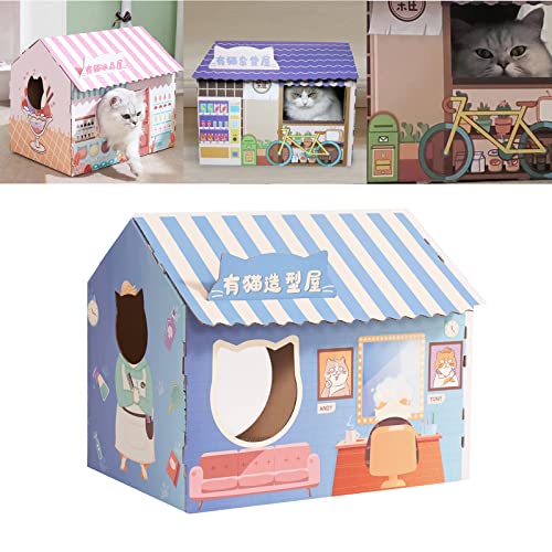 MERIGLARE Casa para Gatos de cartón Corrugado con Almohadilla para rascar Club de Gatos Ventanas de salón extraíbles Casa y rascador para Gatos Transpirables - Blue