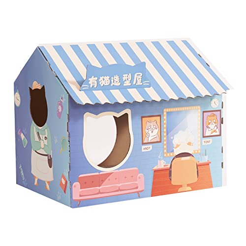 MERIGLARE Casa para Gatos de cartón Corrugado con Almohadilla para rascar Club de Gatos Ventanas de salón extraíbles Casa y rascador para Gatos Transpirables - Blue