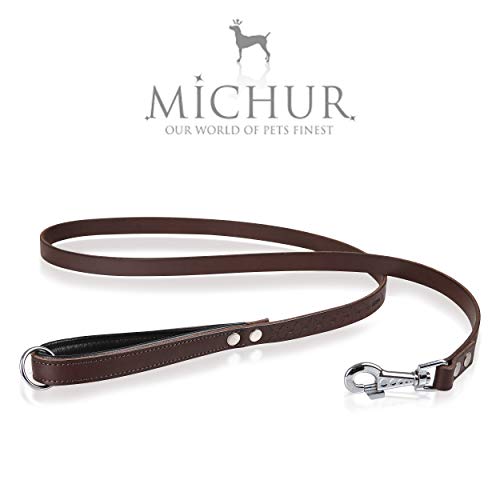 MICHUR Design Correa, Correa de Cuero para Perros, marrón con Corona y patrón de Cuadros, Cuero, Correa Plana, (Aprox.) 150 cm x 2 cm, Pasaje a Nuestro Collar Design