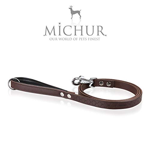 MICHUR Design Correa, Correa de Cuero para Perros, marrón con Corona y patrón de Cuadros, Cuero, Correa Plana, (Aprox.) 150 cm x 2 cm, Pasaje a Nuestro Collar Design