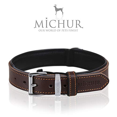 MICHUR Minimo Collar de Cuero para Perros, Cuello, marrón con Costuras Naranja y un Anillo para la Placa de identificación, Cuero, Disponibles en Diferentes tamaños, 72cm