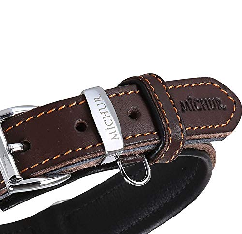 MICHUR Minimo Collar de Cuero para Perros, Cuello, marrón con Costuras Naranja y un Anillo para la Placa de identificación, Cuero, Disponibles en Diferentes tamaños, 72cm