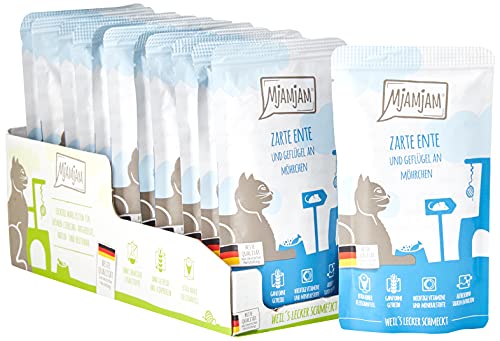 MjAMjAM - Pienso acuoso para Gatos - Pato y Aves Suaves con deliciosas Zanahorias - Sin Cereales - Pouches 12 x 125 g