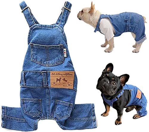 MLYX Camisas para perros, ropa de mezclilla, ropa para perros de moda, chaqueta de mezclilla para cachorros, trajes de mono con honda, ropa cómoda de pantalones azules (M)