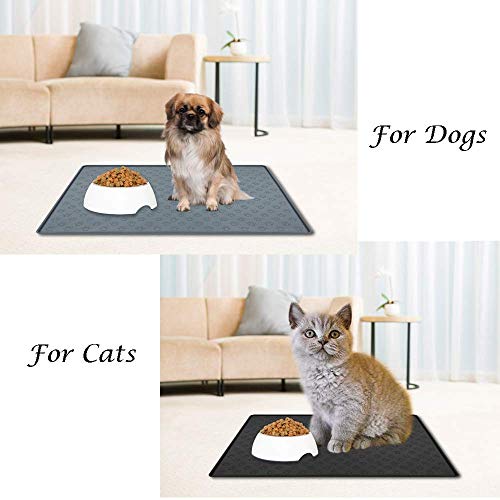 MOACC Alfombrilla de Silicona para Comederos de Perros Gatos, Estera Comida y Agua Antideslizante Impermeable Tapetes para Comer para Mascota, Gris Pata Patrón, 47 x 30 cm