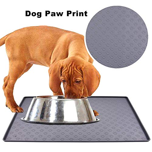 MOACC Alfombrilla de Silicona para Comederos de Perros Gatos, Estera Comida y Agua Antideslizante Impermeable Tapetes para Comer para Mascota, Gris Pata Patrón, 47 x 30 cm