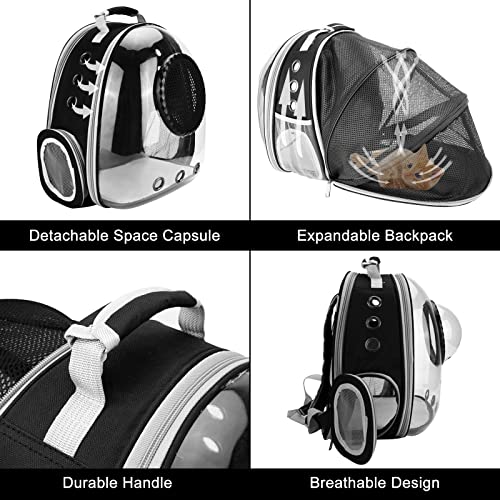 Mochila para Gatos Bolsa Transporte de Mascotas - Sirecal expandible para Gatos Mochila Mediana cápsula con Espacio para Burbujas, Viaje para Mascotas, para Gatos, Perros (Negro)