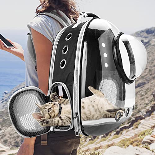 Mochila para Gatos Bolsa Transporte de Mascotas - Sirecal expandible para Gatos Mochila Mediana cápsula con Espacio para Burbujas, Viaje para Mascotas, para Gatos, Perros (Negro)