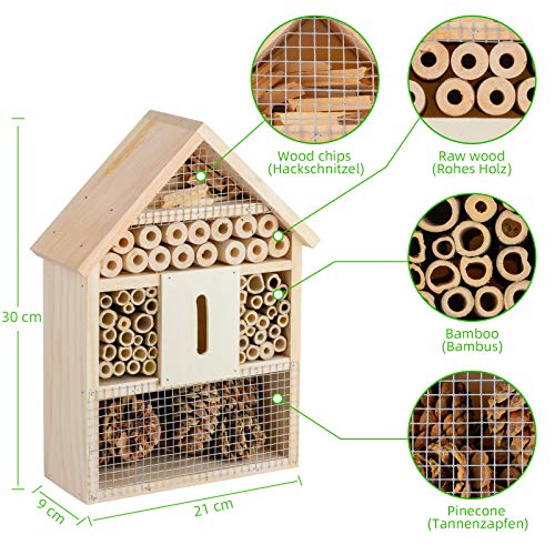 Möge Hotel de Insectos 21 x 9 x 30 CM (L x A x H Casa de Madera para Insectos y Abejas, Refugio de Madera Natural para Insectos, Hogar Mariquitas, Lacewings, Abejas y Mariposas
