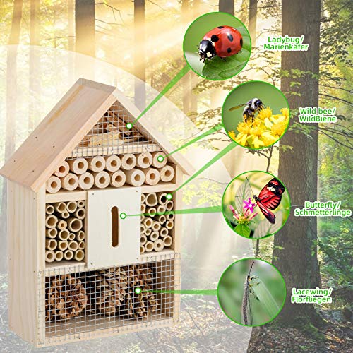 Möge Hotel de Insectos 21 x 9 x 30 CM (L x A x H Casa de Madera para Insectos y Abejas, Refugio de Madera Natural para Insectos, Hogar Mariquitas, Lacewings, Abejas y Mariposas