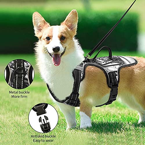 Motocicleta negra retro vintage con bandera americana antigua sin tirar, arnés acolchado reflectante ajustable para perros pequeños a grandes, gatos con clips de correa, mango de fácil control M
