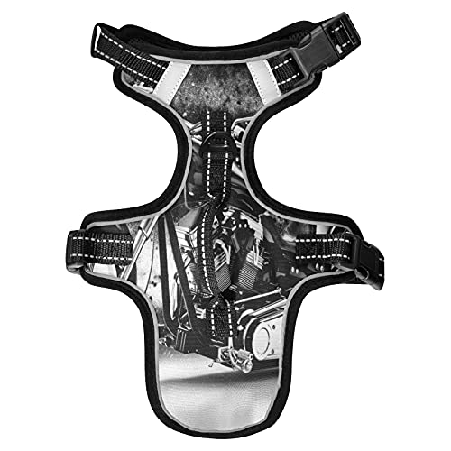 Motocicleta negra retro vintage con bandera americana antigua sin tirar, arnés acolchado reflectante ajustable para perros pequeños a grandes, gatos con clips de correa, mango de fácil control M