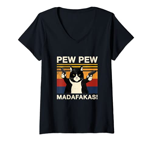 Mujer Pew Pew Madafakas gato loco clásico divertido diseño de gato Camiseta Cuello V