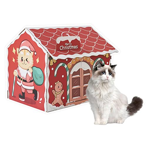 N/A/A Casa de gato de Navidad - Casa de cartón duradera con rascador, espacio espacioso y hierba gatera gratis, para gato
