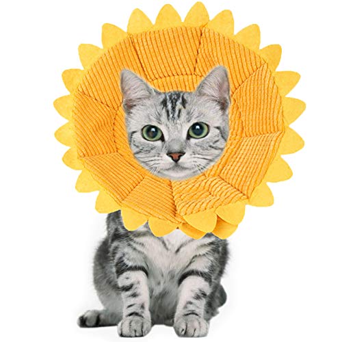 NAMIS Collar de Recuperación para Mascotas Collar Protector para Gato con Girasol Borde Suave Ajustable Collar de protección para Mascotas Collar de Cono para Mascotas para lamer la mordida(S)