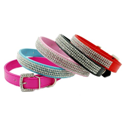 Namsan Perros Cachorro de Perro Gatos Mascotas Piel Piedras Brillantes Collares Collares (Negro Azul Rosa Rojo Rosa) y (XS pequeño, Mediano y Grande)