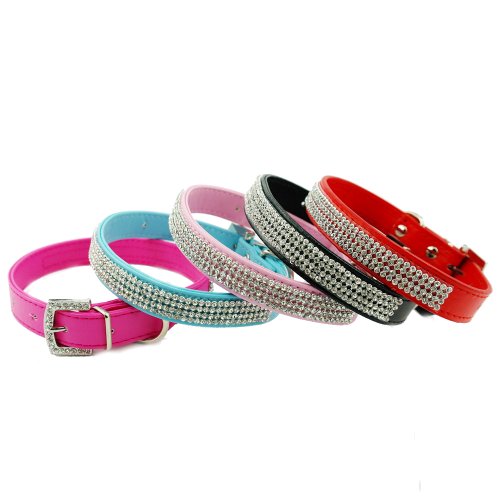 Namsan Perros Cachorro de Perro Gatos Mascotas Piel Piedras Brillantes Collares Collares (Negro Azul Rosa Rojo Rosa) y (XS pequeño, Mediano y Grande)