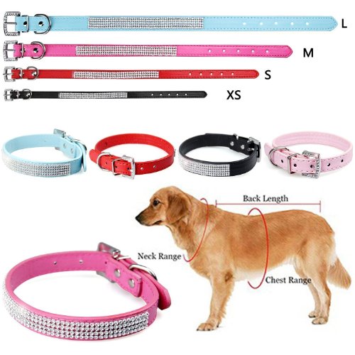 Namsan Perros Cachorro de Perro Gatos Mascotas Piel Piedras Brillantes Collares Collares (Negro Azul Rosa Rojo Rosa) y (XS pequeño, Mediano y Grande)