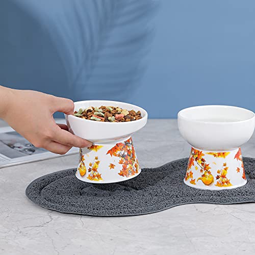 Naranja Doble Comedero Gato Elevado - Comederos para Gatos Ceramica con Almohadilla Antideslizante - Cuenco Gato Antivomito para Comida y Agua