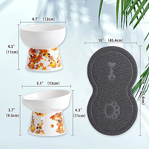 Naranja Doble Comedero Gato Elevado - Comederos para Gatos Ceramica con Almohadilla Antideslizante - Cuenco Gato Antivomito para Comida y Agua