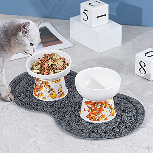 Naranja Doble Comedero Gato Elevado - Comederos para Gatos Ceramica con Almohadilla Antideslizante - Cuenco Gato Antivomito para Comida y Agua