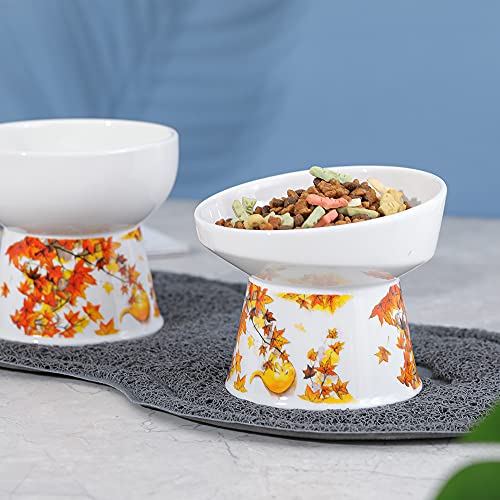Naranja Doble Comedero Gato Elevado - Comederos para Gatos Ceramica con Almohadilla Antideslizante - Cuenco Gato Antivomito para Comida y Agua