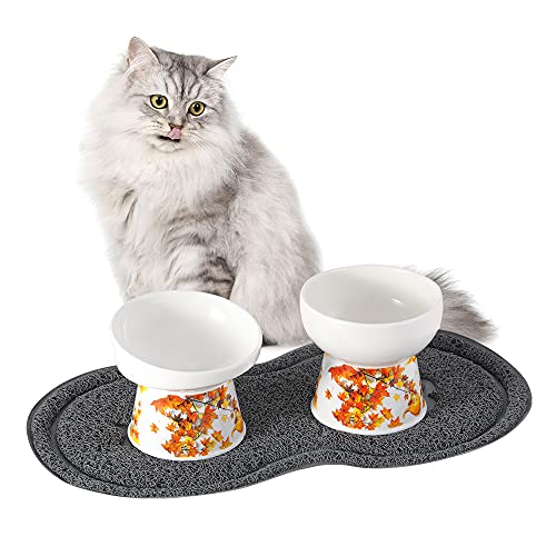 Naranja Doble Comedero Gato Elevado - Comederos para Gatos Ceramica con Almohadilla Antideslizante - Cuenco Gato Antivomito para Comida y Agua