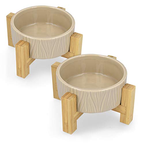 Navaris 2X Bol Elevado para Mascotas - Comedero y Bebedero de cerámica para Perros y Gatos - Boles elevados con 2X Soporte de bambú Antideslizante