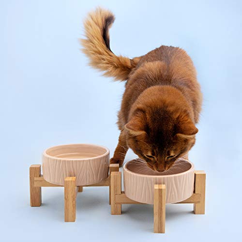Navaris 2X Bol Elevado para Mascotas - Comedero y Bebedero de cerámica para Perros y Gatos - Boles elevados con 2X Soporte de bambú Antideslizante