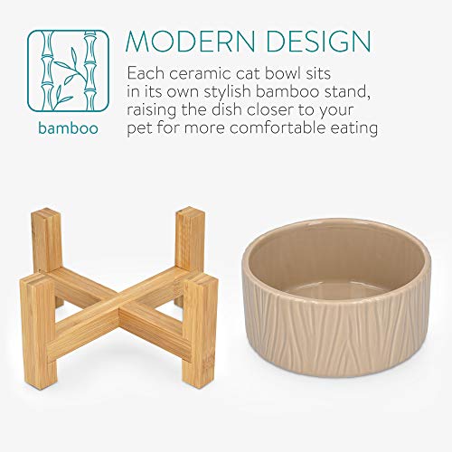 Navaris 2X Bol Elevado para Mascotas - Comedero y Bebedero de cerámica para Perros y Gatos - Boles elevados con 2X Soporte de bambú Antideslizante