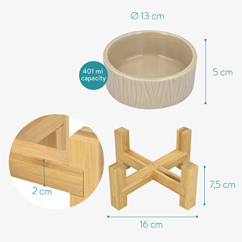 Navaris 2X Bol Elevado para Mascotas - Comedero y Bebedero de cerámica para Perros y Gatos - Boles elevados con 2X Soporte de bambú Antideslizante