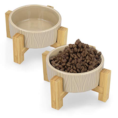 Navaris 2X Bol Elevado para Mascotas - Comedero y Bebedero de cerámica para Perros y Gatos - Boles elevados con 2X Soporte de bambú Antideslizante
