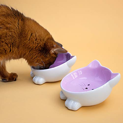 Navaris 2X Cuenco para Mascotas con Forma de Gato - Comedero y Bebedero Doble de cerámica para Perros o Gatos - Inclinados y Antideslizantes - Morado